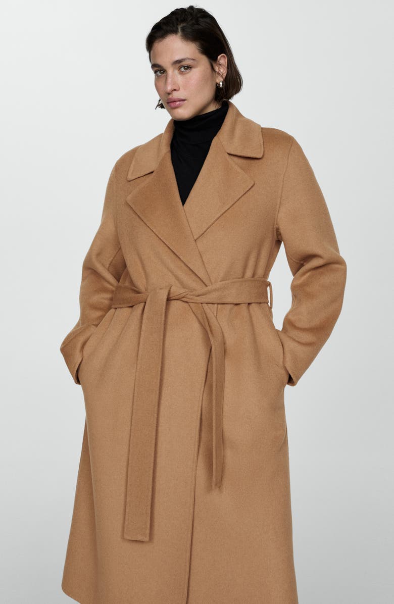 MANGO Belted Wool Blend Coat, Alternate, color, Medium Brown