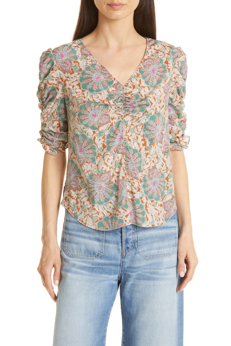 Henrieta Scarf Print Stretch Silk Top, Main, color, CARAMEL MULTI