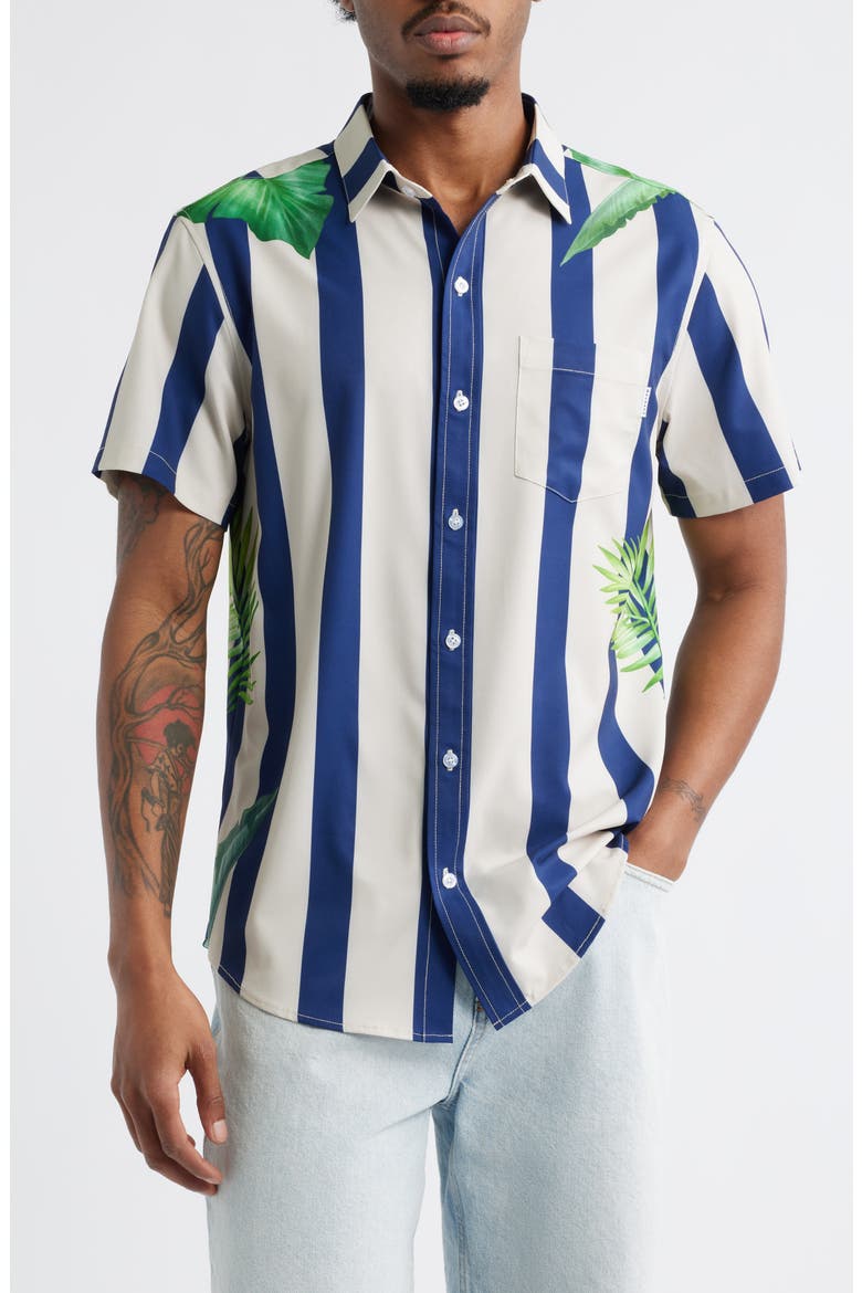 Stripe Palm Frond Short Sleeve Performance Button-Up Shirt, Main, color, GREEN