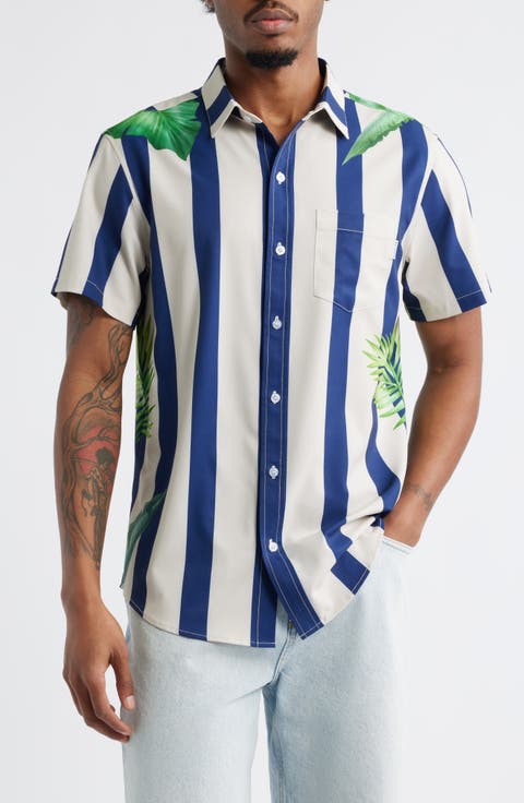 Stripe Palm Frond Short Sleeve Performance Button-Up Shirt