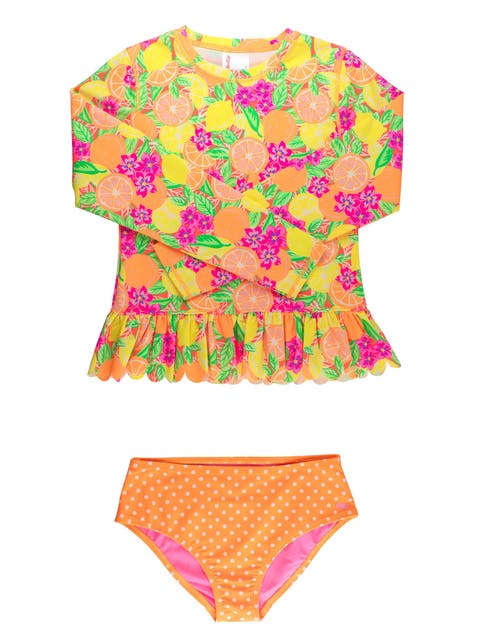 Scallop Hem Long Sleeve Rash Guard 2-Piece Bikini Swimsuit