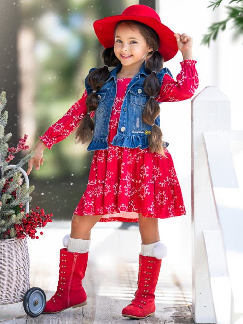 Mia Belle Girls Girls Smileyworld Happy Snowflake Denim Vest And Dress Set In Red