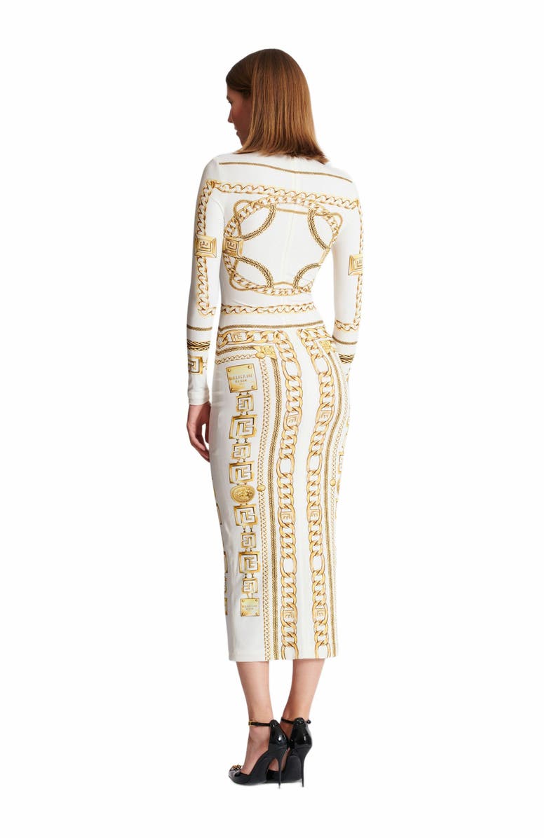Balmain Long Printed Bodycon Dress With Balmain Foulard Pattern, Alternate, color, Gold