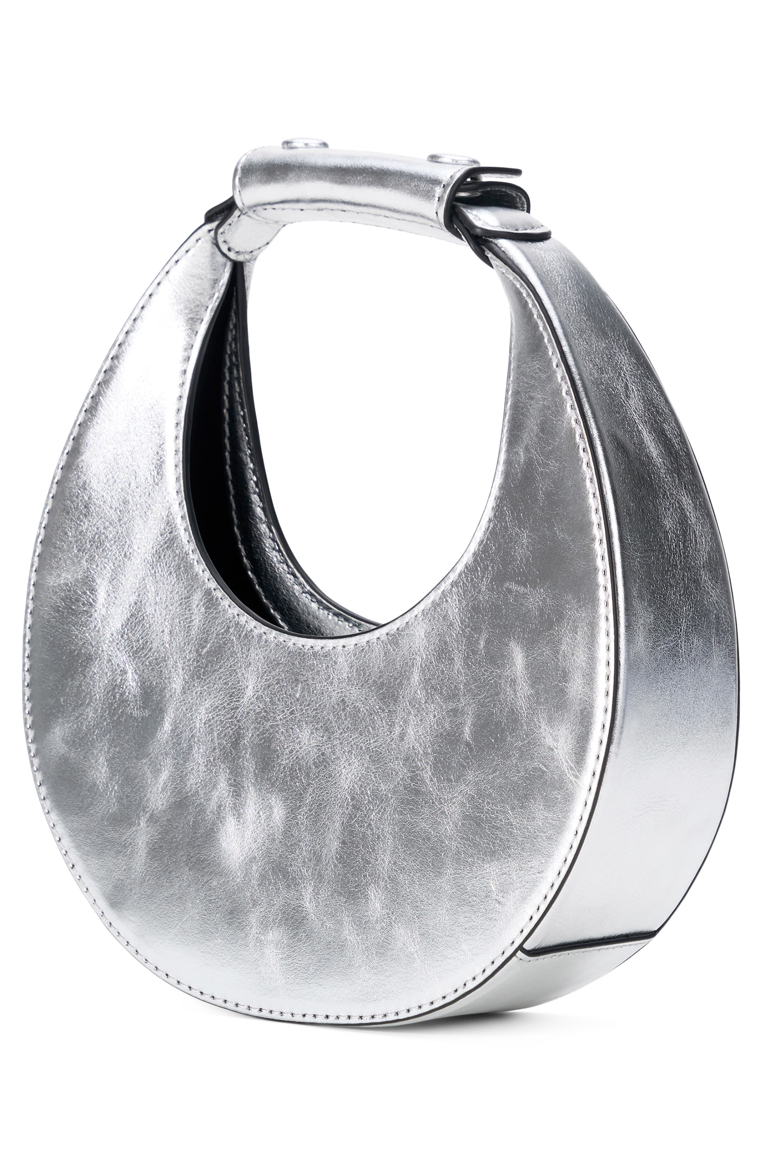 STAUD Good Night Moon Metallic Leather Top Handle Bag, Alternate, color, Silver