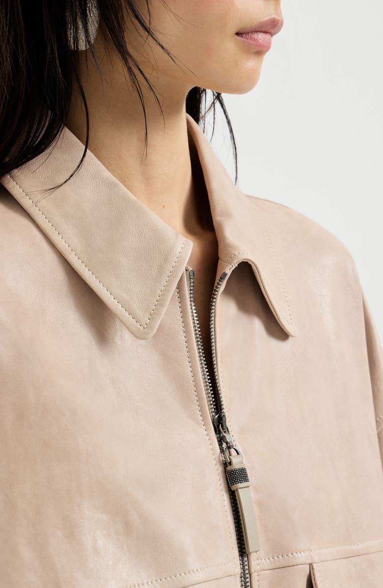 Brunello Cucinelli Glossy nappa leather outerwear jacket, Alternate, color, Beige