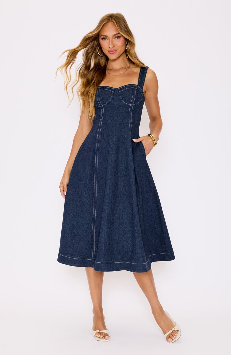 VICI Collection Rey Bustier Bodice Denim Midi Dress, Alternate, color, Dk Denim Blue
