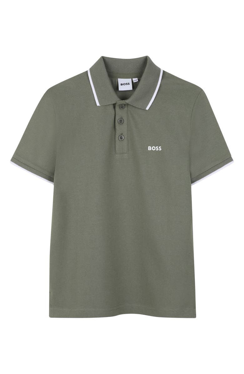 BOSS Kidswear Kids' Tipped Stretch Cotton Piqué Polo, Main, color, Green