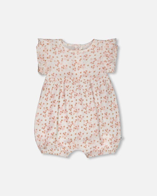 Deux Par Deux Baby Girl's Organic Cotton Pointelle Romper With Frills Printed White And Pink Flowers In White With Pink Flowers