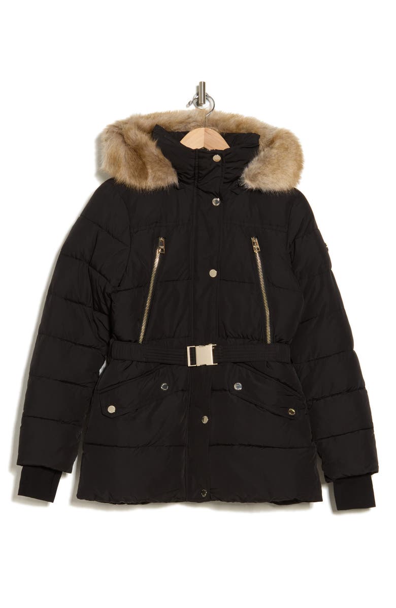 Michael Kors Faux Fur Trim Hooded Belted Puffer Jacket, Alternate, color,
