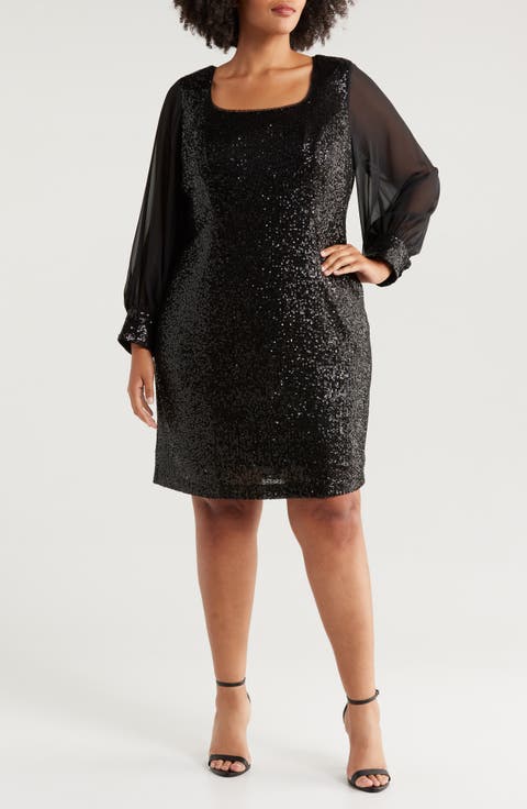 Sequin & Chiffon Long Sleeve Cocktail Dress (Plus)