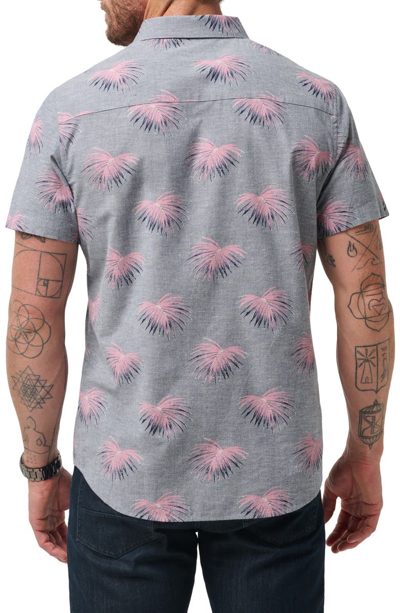 TravisMathew Tip Me Over Leaf Print Short Sleeve Stretch Button-Up Shirt, Alternate, color, Heather Total Eclips