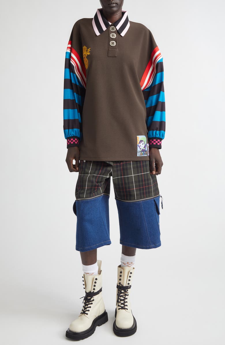 Chopova Lowena Mixed Stripe Patchwork Polo, Alternate, color, Brown Multi