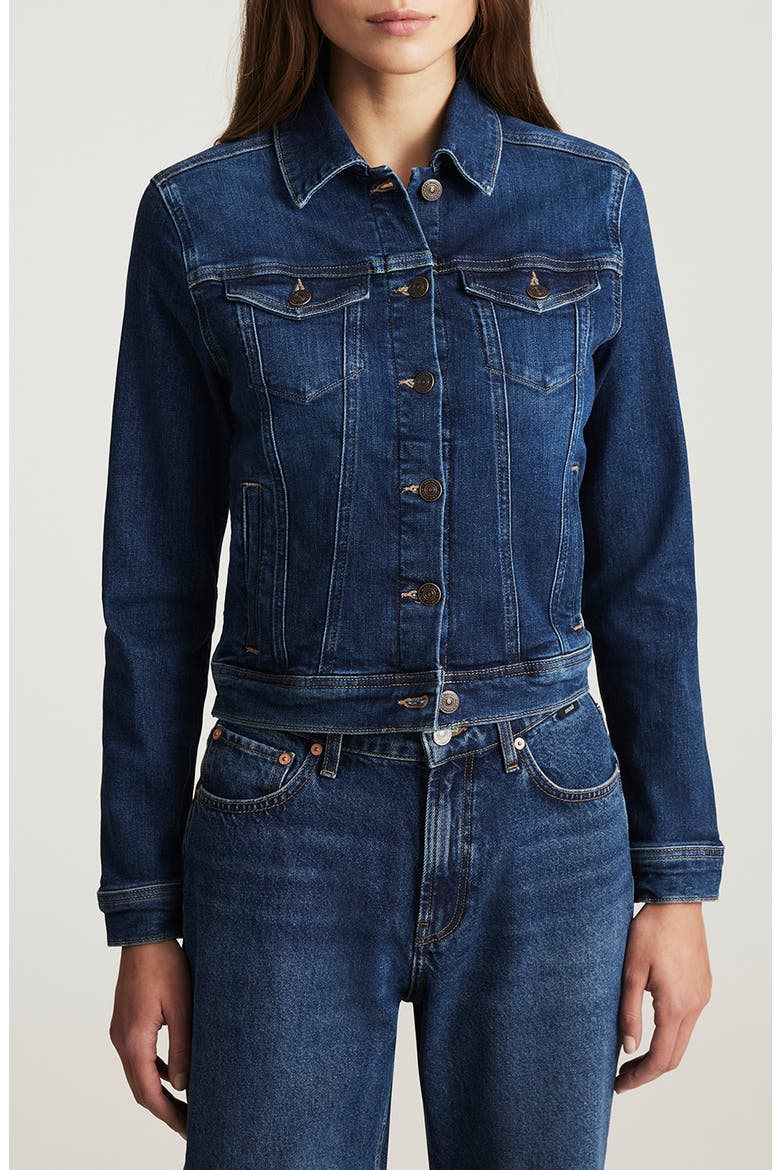 Cecilia Denim Trucker Jacket, Main, color, DARK BRUSHED FLEX BLUE