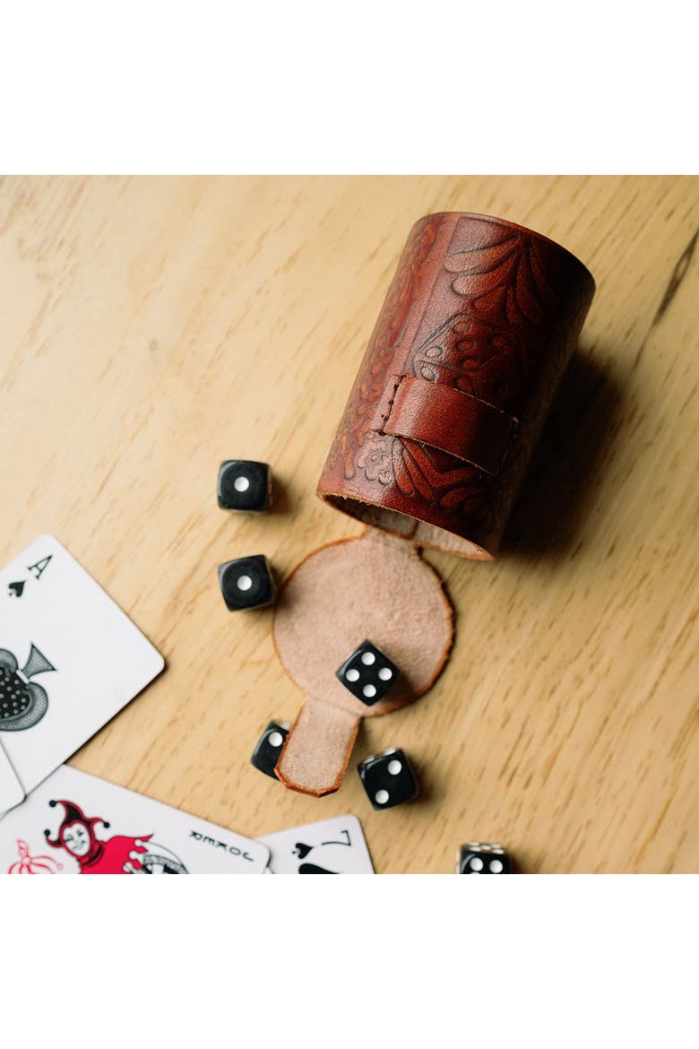 Leather Dice Cup Set - 6 Dice, Hand Tooled, Alternate, color, Multicolor