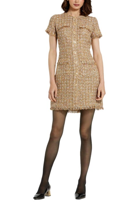 Boucle Short Sleeve Button Down Mini Dress With Pockets