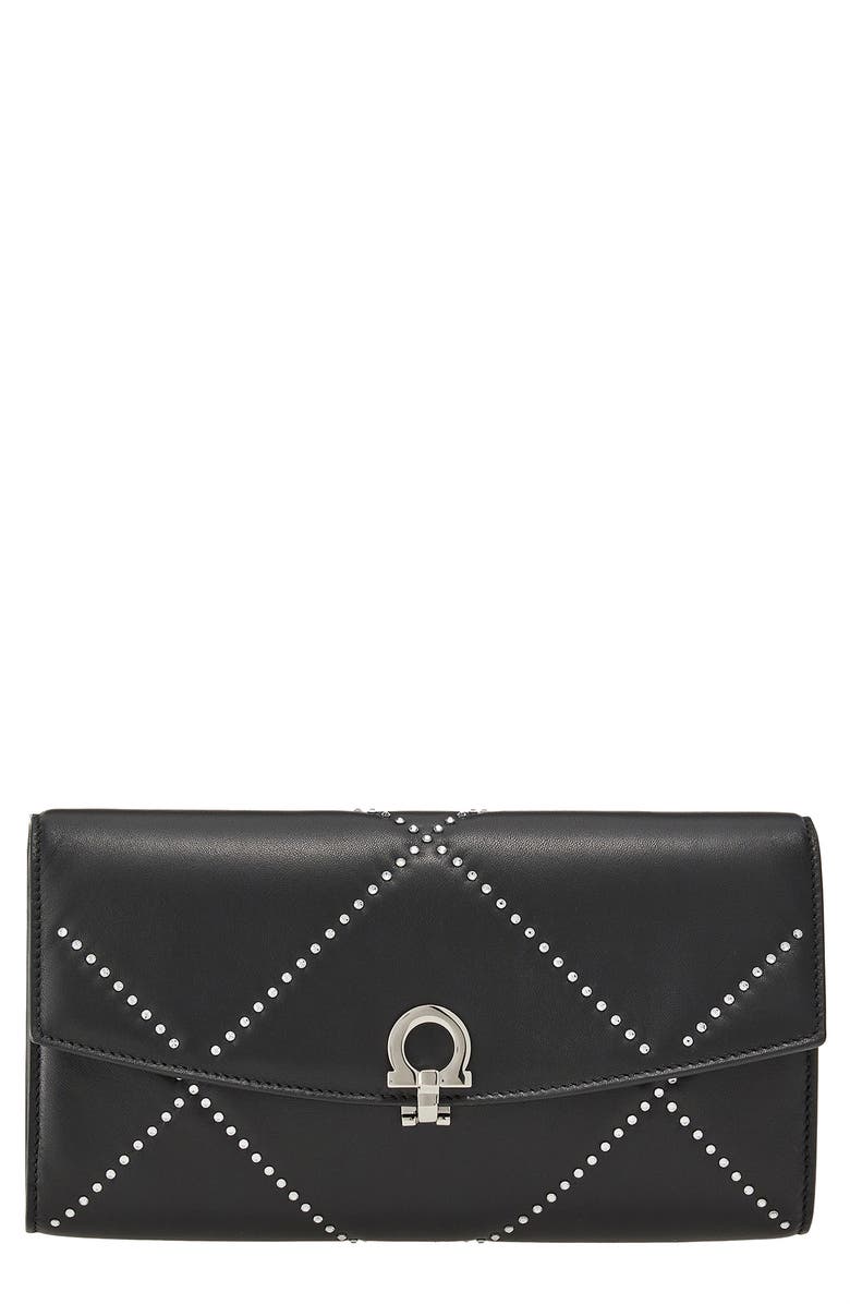 FERRAGAMO Crystal Embellished Leather Clutch, Main, color,