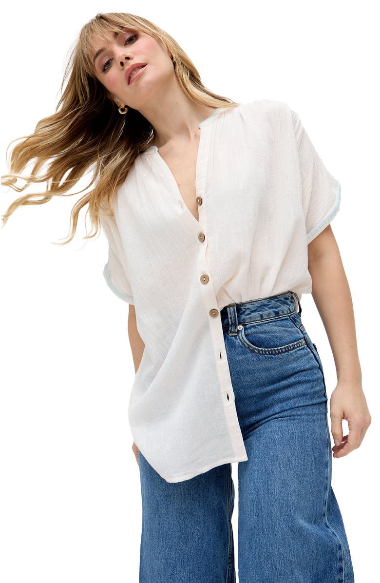 Raffya Juneeta Crop Sleeve Button Down Shirt, Main, color, Cream