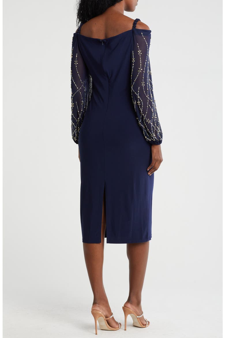 Off the Shoulder Long Sleeve Beaded Midi Dress, Alternate, color, NAVY