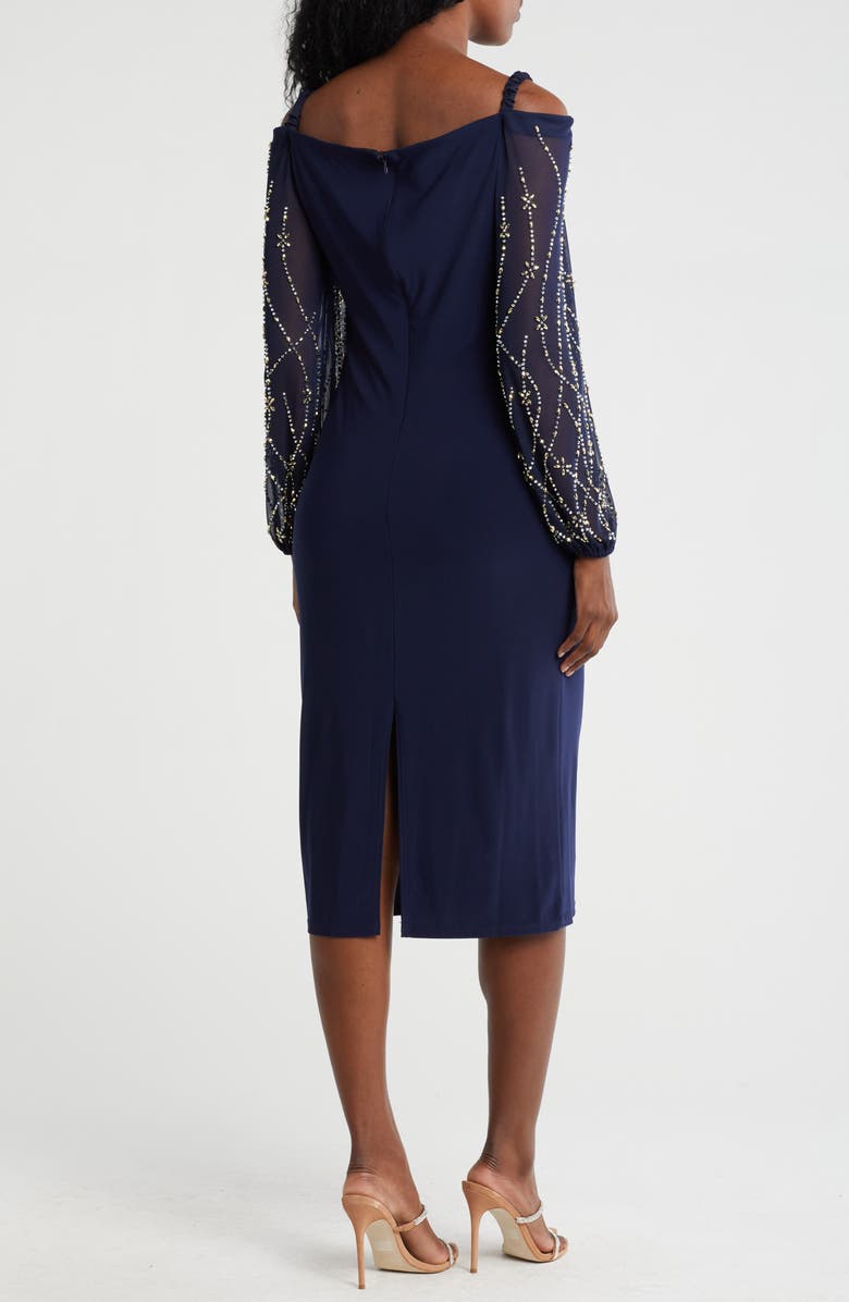 Marina Off the Shoulder Long Sleeve Beaded Midi Dress, Alternate, color, Navy