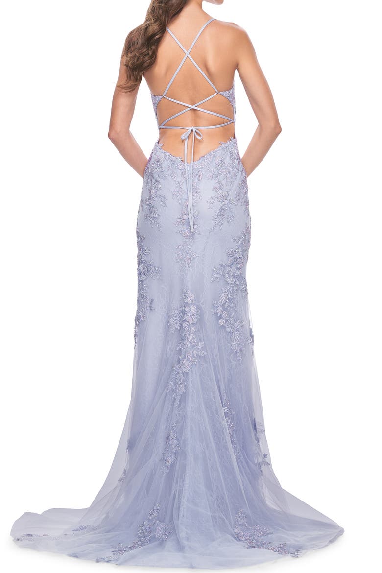 Lace Fitted Dress with Deep V-Neckline and Lace Applique, Alternate, color, Light Periwinkle