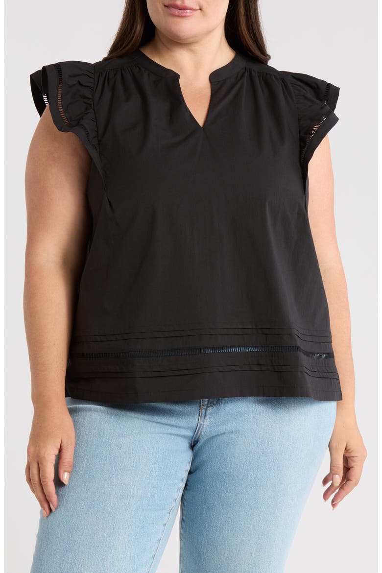 Embroidered Ruffle Cotton Blend Poplin Top, Main, color, BLACK