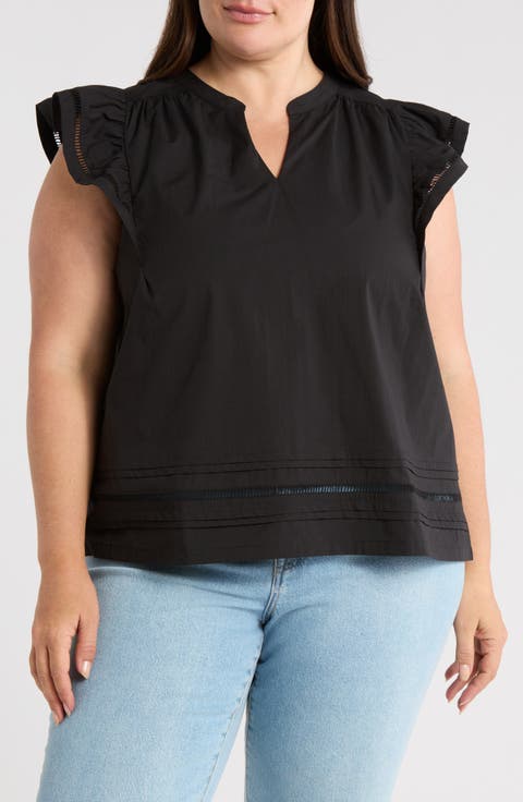Embroidered Ruffle Cotton Blend Poplin Top (Plus)