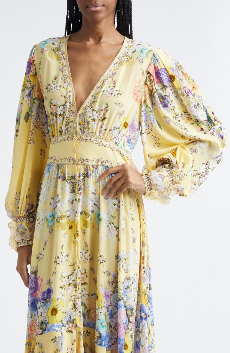 Camilla Darling Buds Floral Long Sleeve Silk Button Front Dress, Alternate, color, Darling Buds