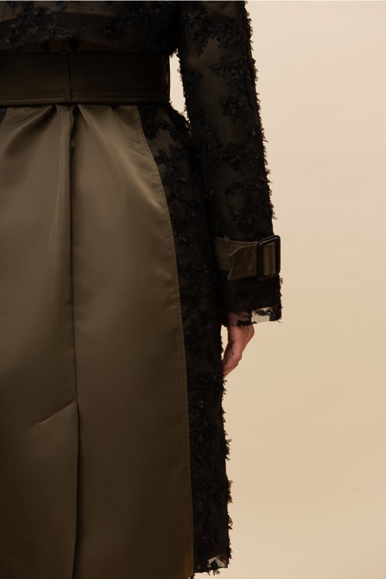 Claw Lace-Trimmed Elegant Cinched Trench Coat, Alternate, color, Black