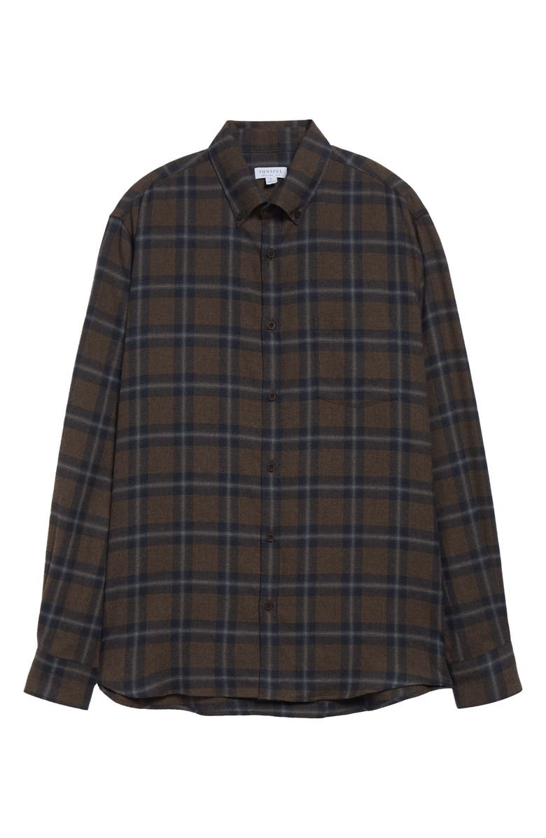 Sunspel Check Brushed Cotton Flannel Button-Down Shirt, Alternate, color, Bark Check