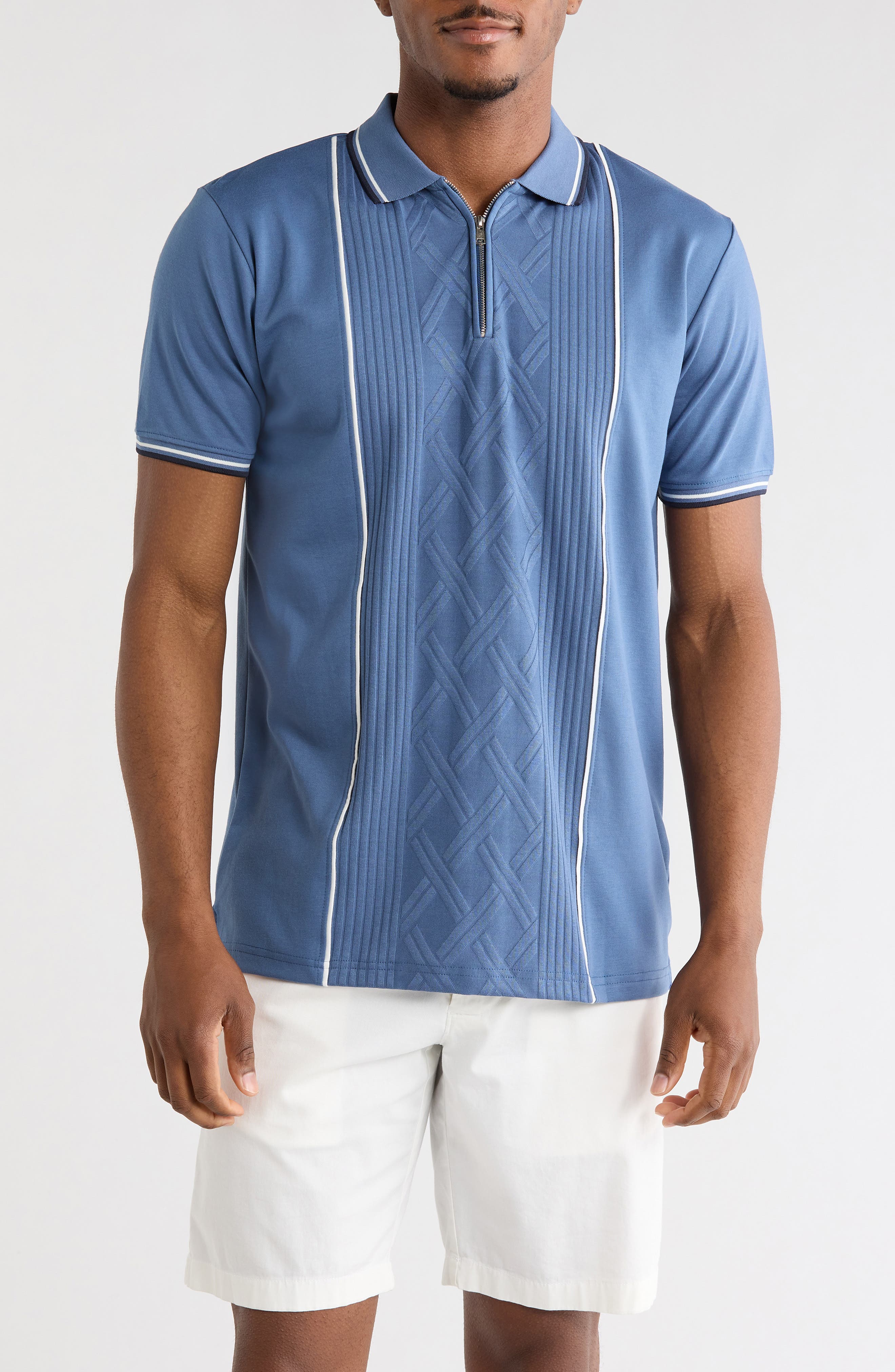 DENIM AND FLOWER Textured Vertical Stripe Quarter Zip Knit Polo