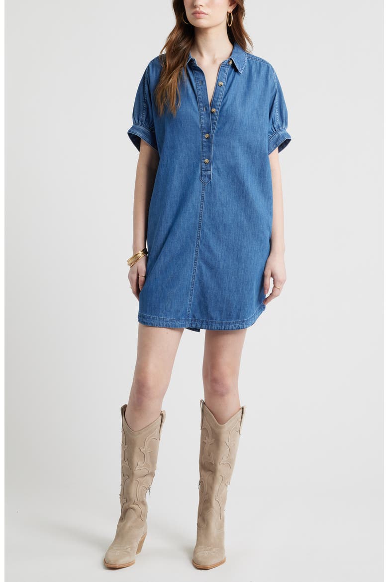 Chambray Polo High-Low Shift Dress, Main, color, MEDIUM WASH