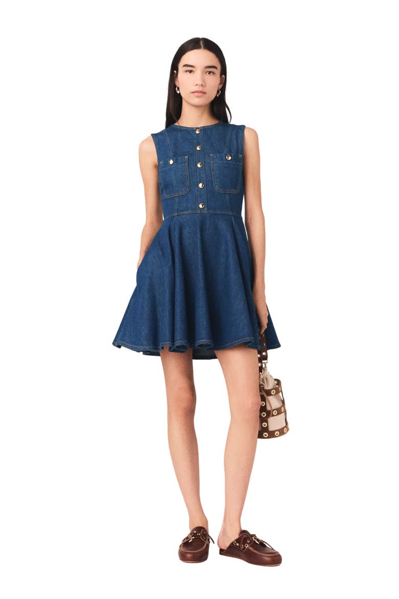 Short flared denim dress, Alternate, color, Navy