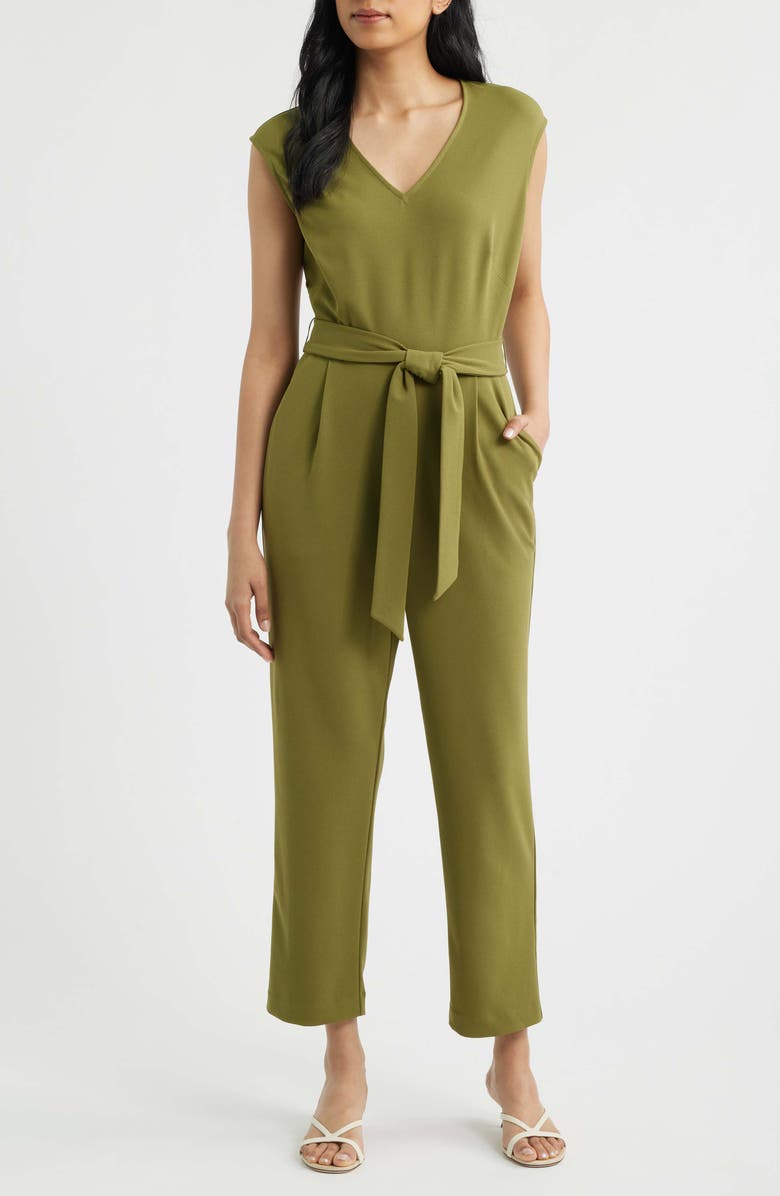 AK ANNE KLEIN V-Neck Jumpsuit, Main, color, Bay Leaf