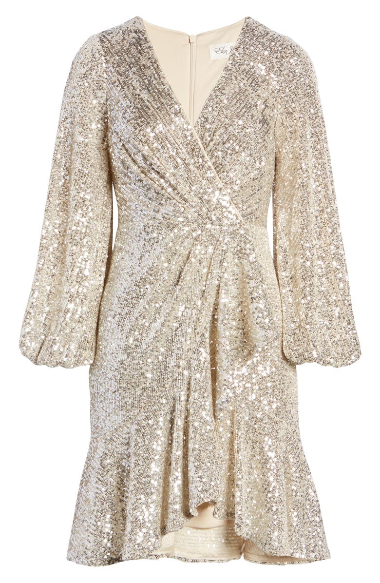 Eliza J Ruffle Long Sleeve Dress, Alternate, color, Silver