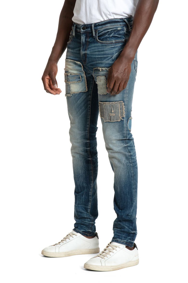 Sacred Patchwork Distressed Stretch Tapered Skinny Jeans, Alternate, color, INDIGO