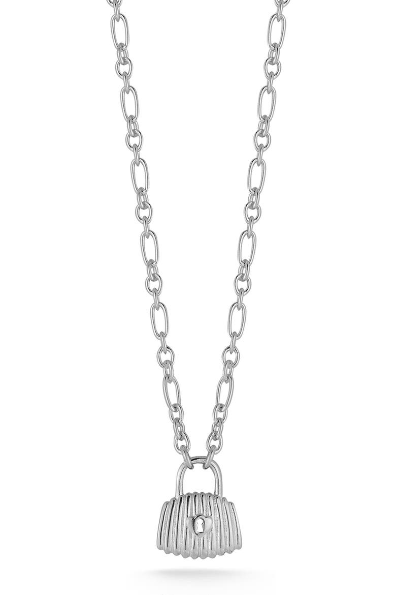 Ribbed Lock Pendant Necklace, Main, color, SILVER