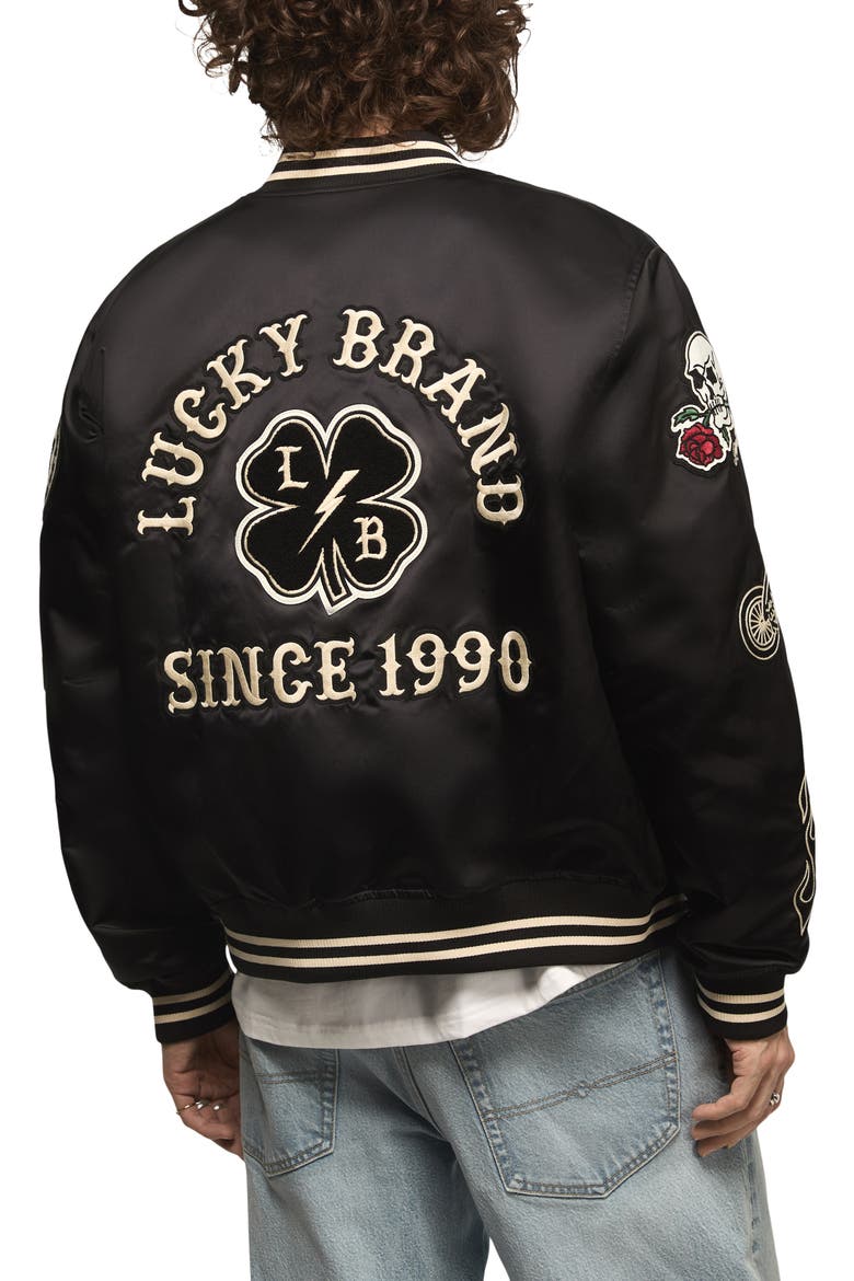 Satin Varsity Jacket, Alternate, color, JET BLACK