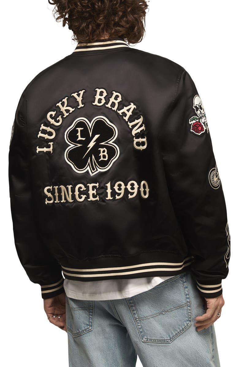 Lucky Brand Satin Varsity Jacket, Alternate, color, Jet Black