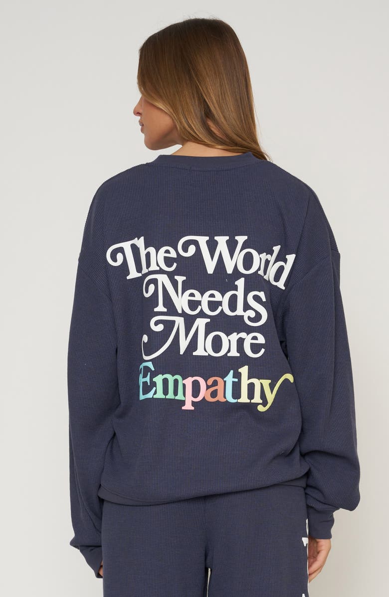 THE MAYFAIR GROUP World Needs Empathy Waffle Knit Fleece Graphic Sweatshirt, Alternate, color, Navy Blue