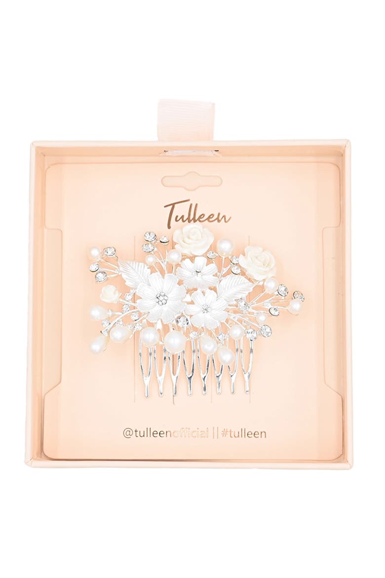 Crystal White Pearl and Flower Hair Comb, Alternate, color, Silver