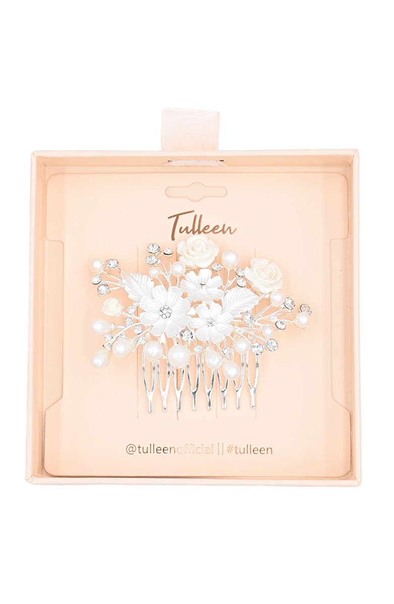 Tulleen Crystal White Pearl and Flower Hair Comb, Alternate, color, Silver