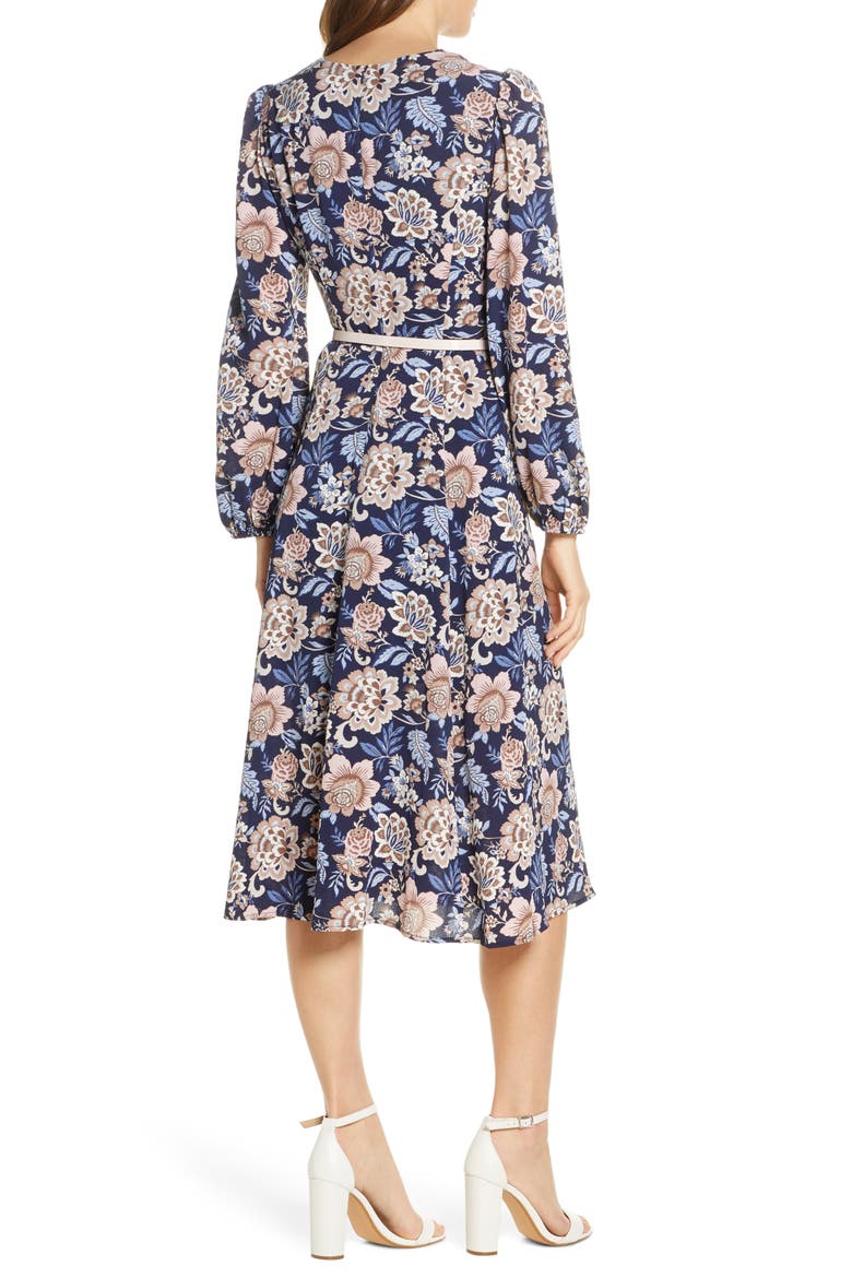 Floral Long Sleeve Pebble Crepe Dress, Alternate, color, NAVY
