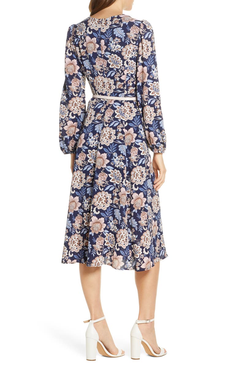Eliza J Floral Long Sleeve Pebble Crepe Dress, Alternate, color,