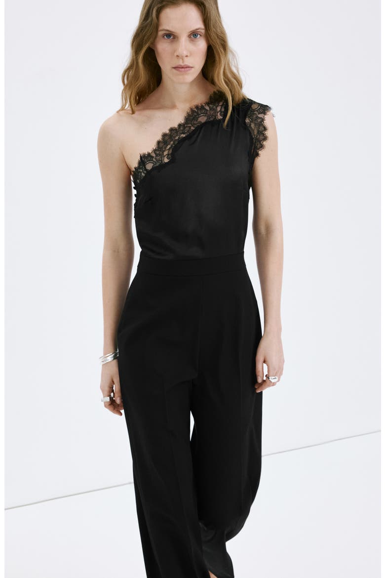 Lace Detail One-Shoulder Jumpsuit, Alternate, color, BLACK