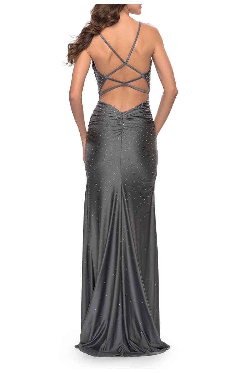 La Femme Rhinestone Jersey Dress with Slit and Ruching, Alternate, color, Gunmetal