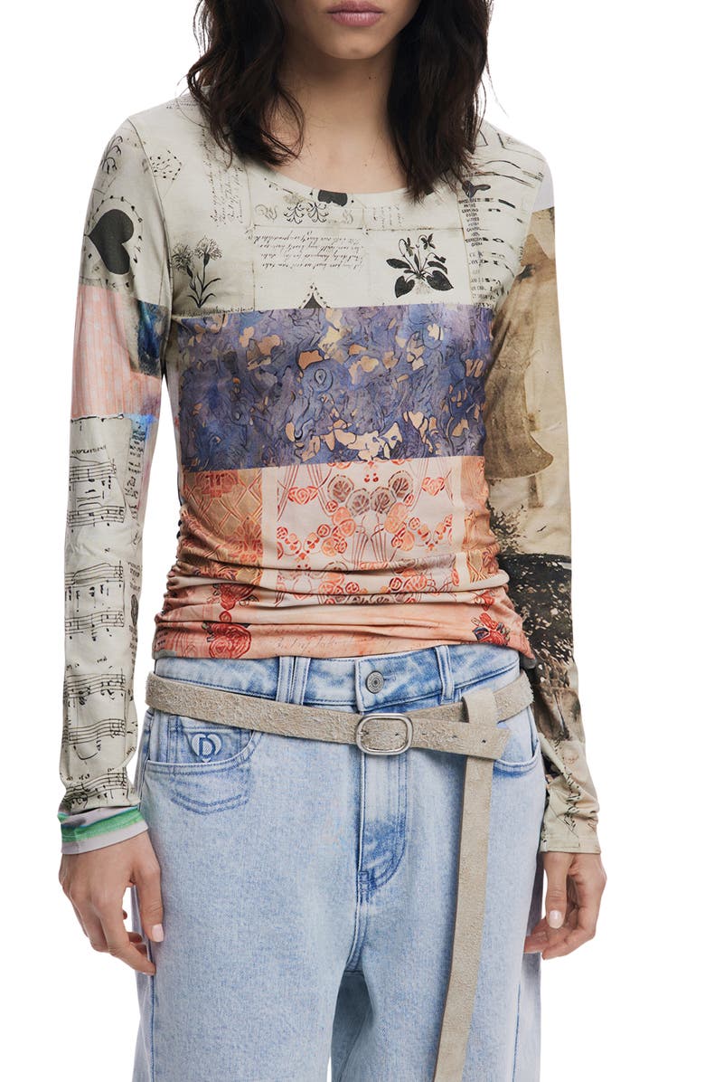 Desigual Pieced Print Long Sleeve T-Shirt, Main, color, Beige