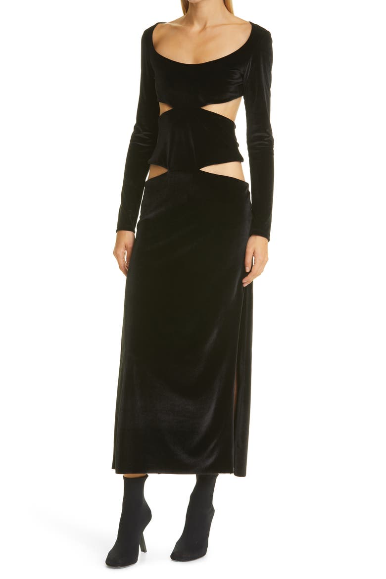 Long Sleeve Cutout Velour Dress, Alternate, color, BLACK