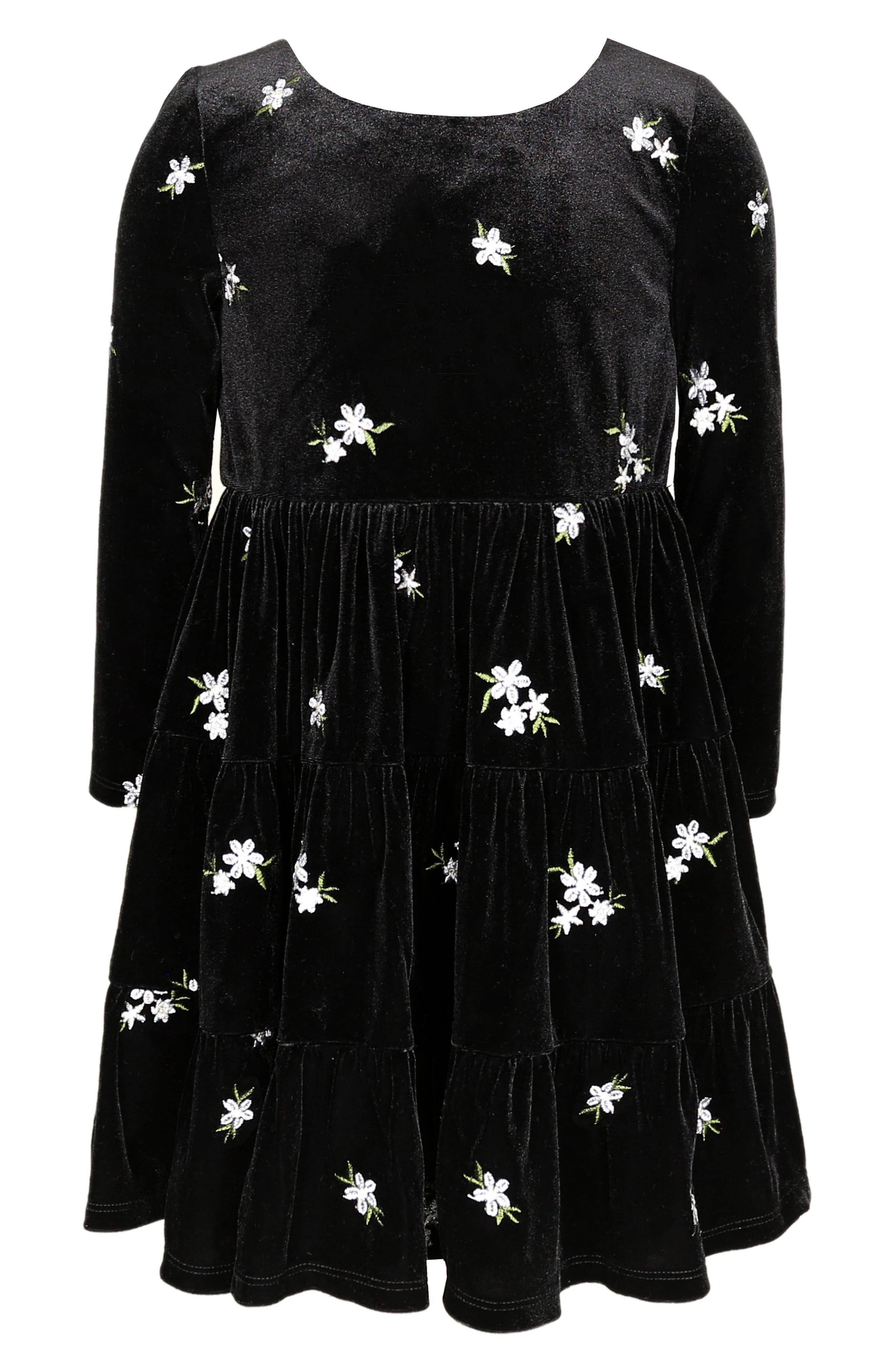 Zunie Kids' Floral Embroidered Long Sleeve Velvet Dress