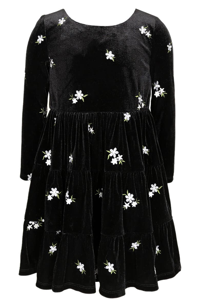 Zunie Kids' Floral Embroidered Long Sleeve Velvet Dress, Main, color, Black