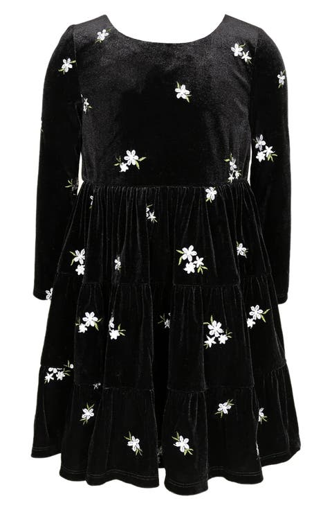 Kids' Floral Embroidered Long Sleeve Velvet Dress (Little Kid)